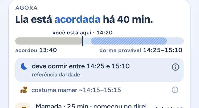 The 'Now' card (in Portuguese): awake for 40 min, the awake bar and 'should fall asleep between 14:25 and 15:10'.