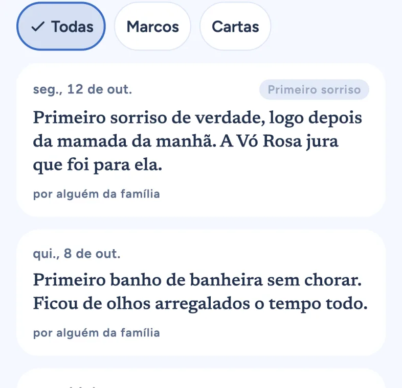 The Journal (in Portuguese): notes like the first real smile and the first bath without crying, with All, Milestones and Letters filters.
