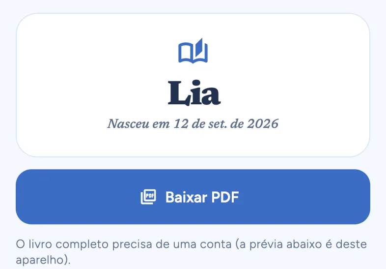 Lia's book (in Portuguese): the cover, the Download PDF button and the Milestones chapter.