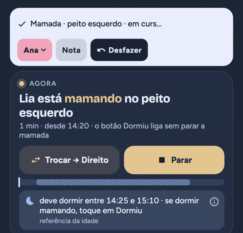 Today in the dark theme (app in Portuguese): feeding on the left breast, with Switch → Right and Stop.