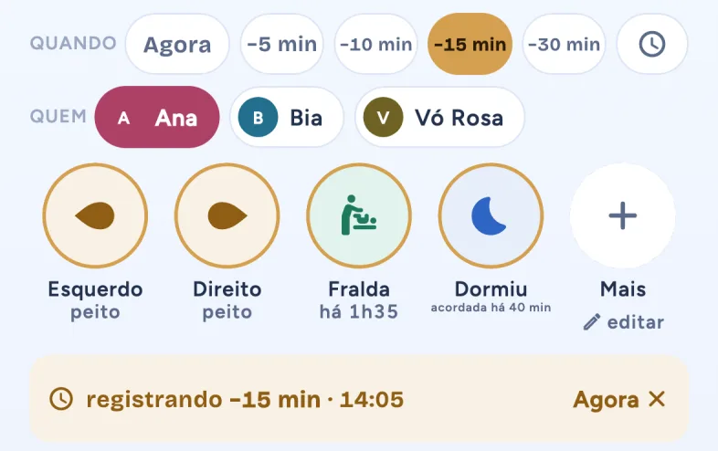The 'When was it?' bar with −15 min selected (app in Portuguese).