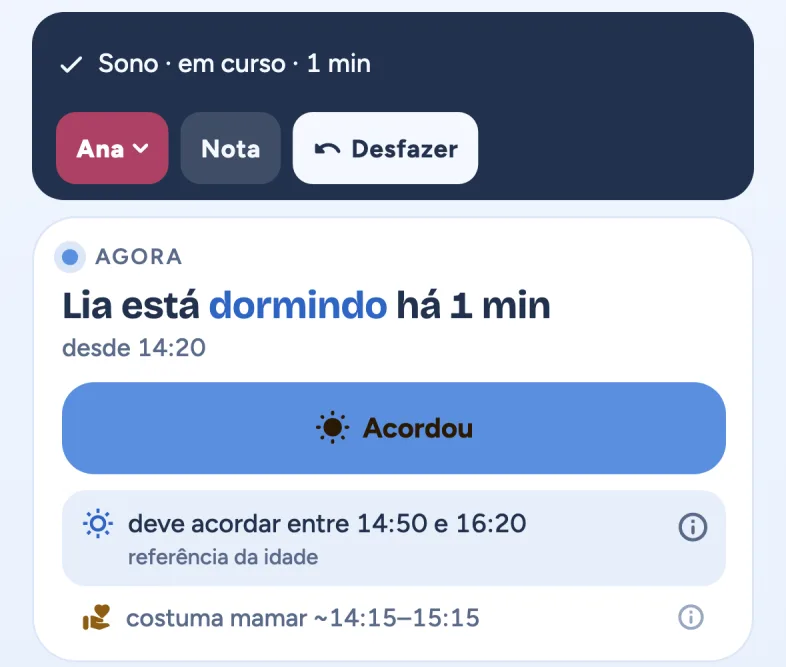 Right after logging sleep (in Portuguese): 'Sleep · ongoing' with Ana in her color and the Woke up button.