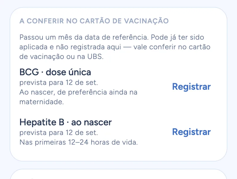 The Vaccines screen (in Portuguese): doses to check on the vaccination card, with a Record button.